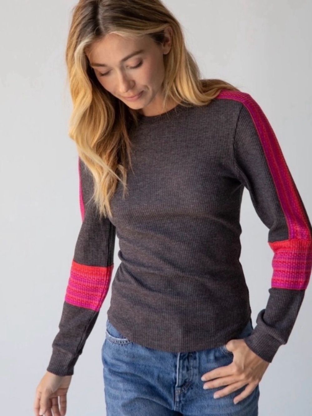 Natural life womens London trim top waffle thermal shirt size M cozy basic
